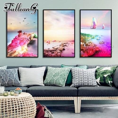 FULLCANG 5d diy diamond embroidery sale colorful sea flamingo painting triptych full square round drill home decoration FC3490