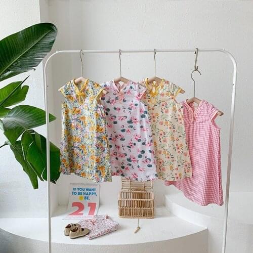 Ins Girls Cheongsam Dress Childrens Girls National Wind Cotton Baby Girl Sjort Sleeve Dress Toddler Floral Dress 2 3 4 5 6 Year