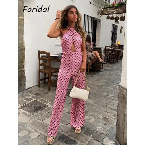 Foridol Geometric Print Summer Autumn Backless Jumpsuit Sleeveless Halter Wide Leg Pink Pants Overalls Front Cut Retro Jumpsuit