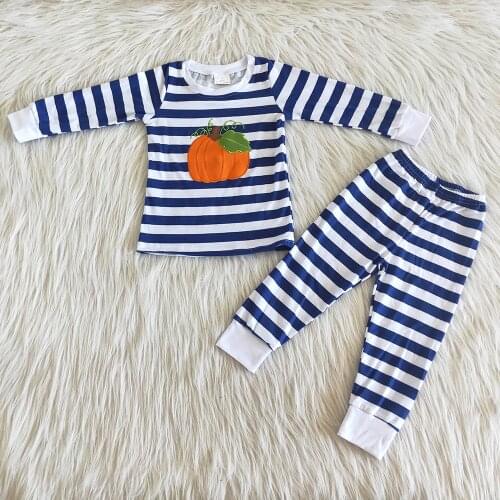 Best selling winter pajamas set boy and girls embroidery pumpkin outfit Halloween children white and blue stripes clothing set