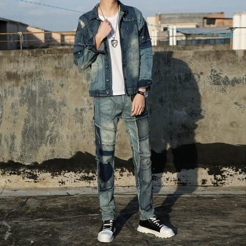 Personality Mixed Colors Spliced Autumn Winter Mens Loose Denim 2Pcs Sets Long Sleeve Single Breasted Jackets Full Length Pants