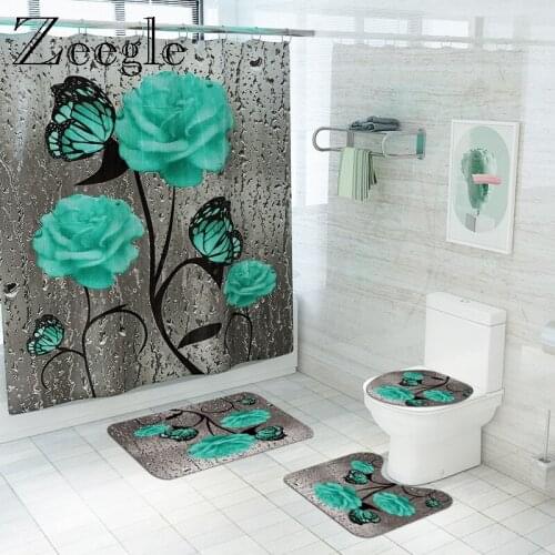 Butterfly Floral Printed Bath Mat and Shower Curtain Set Non-Slip Toilet Carpet Shower Rug Flannel Toilet Floor Rugs Foot Mat