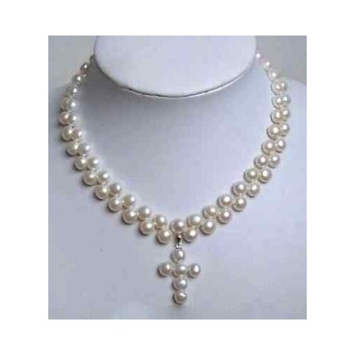 7-8mm Charming White Akoya Cultured Pearl Cross Pendant Necklace 18"