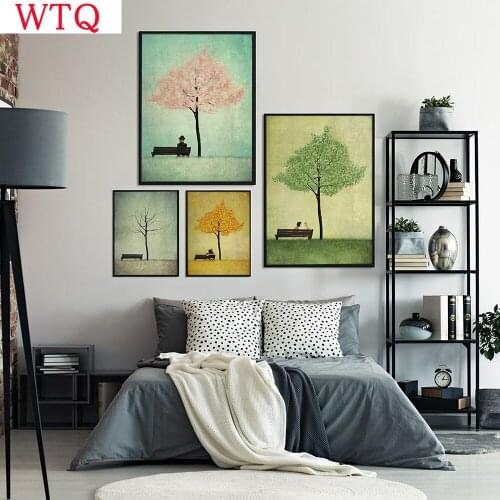 Scenery Under Cherry TreesPoster Prints Spring Summer Autumn Winter Seasonal Canvas Painting Wall Art Pictures Livingroom Decor