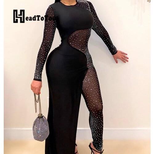 Sexy Mesh Diamonds Glitter Rompers Woman Jumpsuit Full Sleeve Floor Length Slim Overalls
