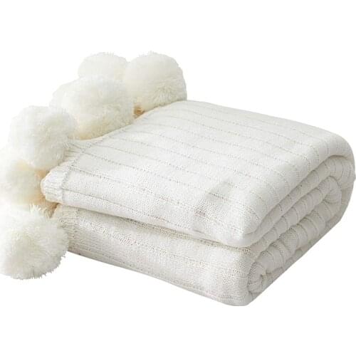 Throw Blanket for Couch,White Pom Pom Throw Blanket Knit Blanket with Pom Poms,Fuzzy,Fluffy,Soft,Cozy,Warm Knitted Cover