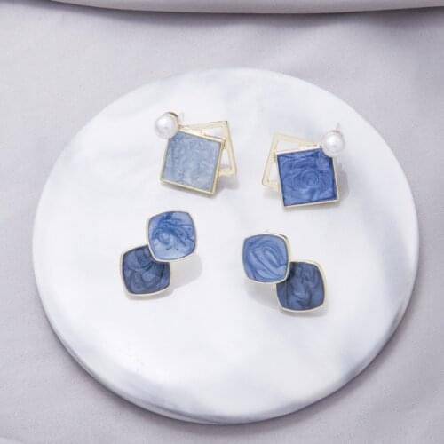 Korea Japan Blue Color Contrasted Enamel Earrings for Women Multiple Square Layered Geometric Small Stud Earrings Party Jewelry