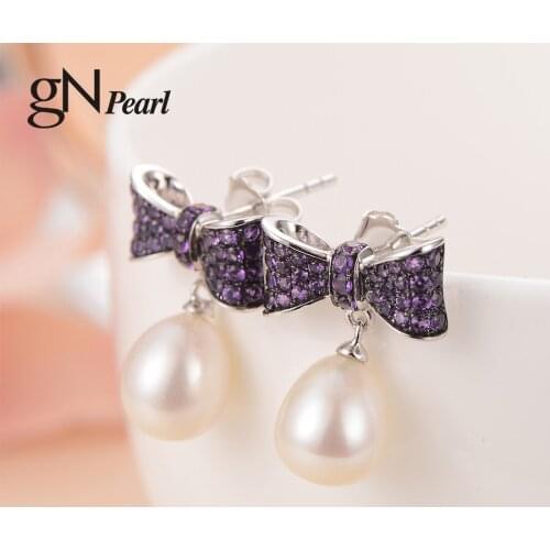 GN Pearl Zirconia Bow Knot 925 Silver Drop Earring Stud gNPearl Natural 8-9mm Freshwater Pearl Earrings Fine Jewelry for Women