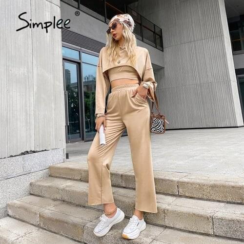 Simplee High street sheath crop three piece set women autumn Casual pocket elastic waist pants set Solid off shoulder tracksuit