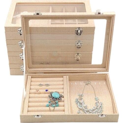 Middle Yellow Linen Jewelry Display Case Storage Organizer Tray Jewellery Box With Glass Lid For Necklace Ring Earring Bracelet