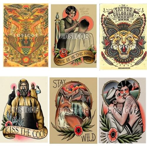 Tattoos Pattern Barber Shop Decoration Vintage Kraft Paper Inkjet Printers Poster Wall Stickers Painting Wallpaper Sticker