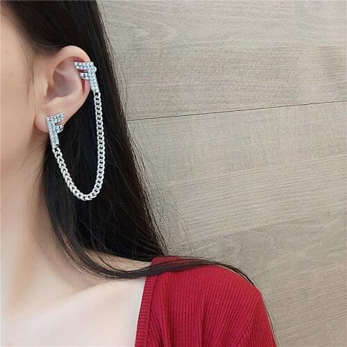TIMEONLY Exaggerated Sparkly Rhinestones F Clip Earring for Women Female LONG Tassels Earrings Hollow Chain Jewelry Party Gift