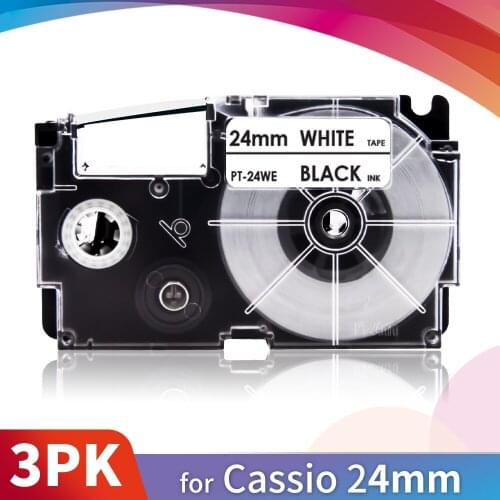 Topcolor 3PK 24mm*8m XR-24WE Casio Compatible Label Tape XR Black on White High Adhesive Sticker for Casio Label Printer KL-430