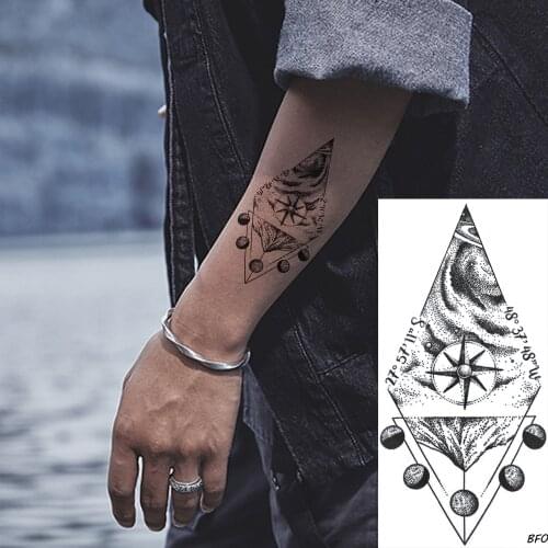 VANKIRS Geometic Compass Black Moon Arm Men Temporary Tattoos For Women Body Art Tatto Stickers Female Waterproof Fake Tatoo