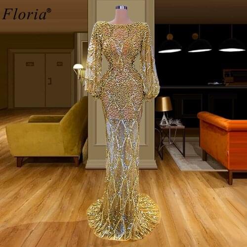 Gold Pearls Formal Evening Dresses Long Sleeves Mermaid Evening Gowns Transparent Celebrity Dresses Evening Wear Robe De Soiree