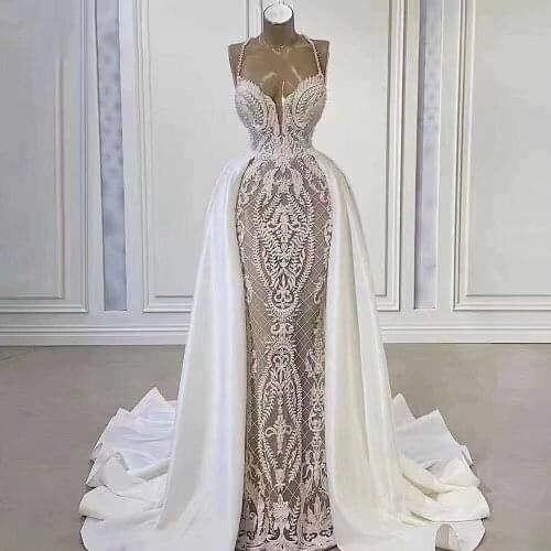 Vestido De Noiva 2021 Lace Wedding Dresses With Detachabe Train Illusion Appliqued Long Dubai Arabic Bridal Gowns For Women