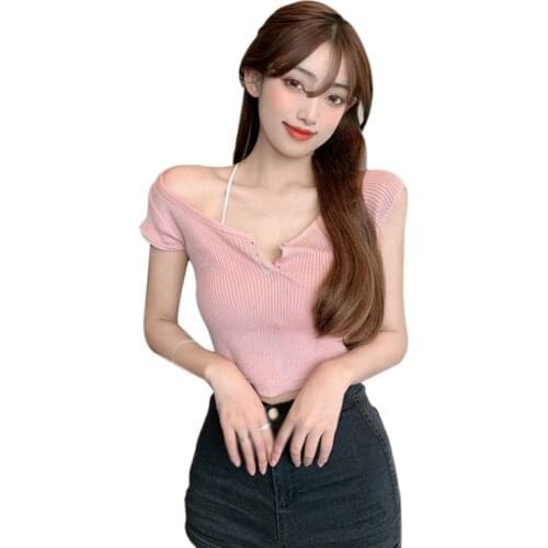 WomenSlim T-shirts Sexy Knitted Short Female Tops Summer Button Short Sleeve Tee Shirt Tops