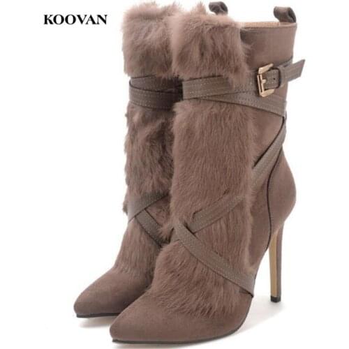 Koovan Womens Fur Boots 2018 New Womens Shoes Winter Boots Famous Warm High Heel 11.5cm Women Shoes Real Rabbit Fur Ladies