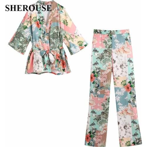 2021 New Women Floral Printed 2 Pieces Set Sashes Shirt Oversized Blouse Long Trouser Suit Casual Women Outfit Pants Sets