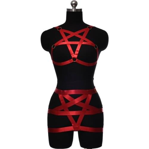 Women Red Body Cage Crop Top Harness Bralette Body Harness Elastic Belt Adjustable Bondage Sexy Lingerie Suspenders Skirt