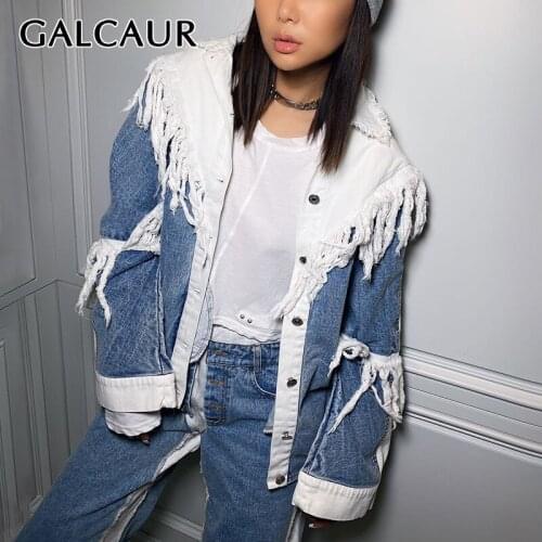 GALCUAR Patchwork Tassel Denim Coat For Women Lapel Flare Long Sleeve Hit Color Irregular Hem Blue Coats Female 2020 Clothing