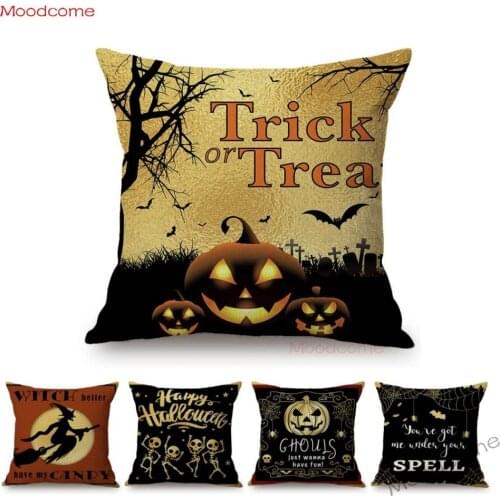 Gold Halloween Trick or Treat Pumpkin Face Black Crow Home Decoration Sofa Throw Pillow Cover Black Spider Witch Cushion Cover