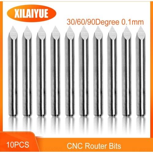 10PCS Triangular CNC Router Bits V-Bit, 30/60/90Degree 0.1mm Engraving Bits, 1/8'' Shank Sharp Pyramid Bits