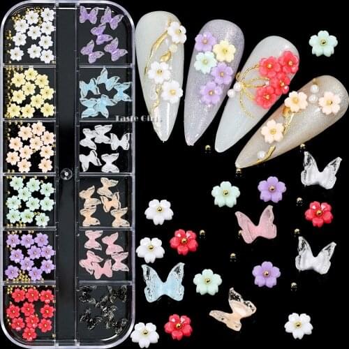 12Grids 3D Colorful Butterfly Bowknots Nail Art Supplies Acrylic White Flowers Pearls Nails Decorations ManicureIY Accessoires