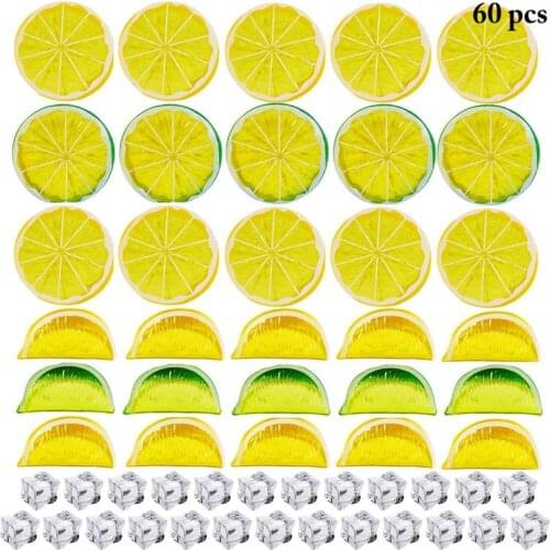 60 PCS Artificial Lemon Slice Sets Simulation Fake Lemon Block Acrylic Ice Cube Ornament For Engagement Wedding Party Events