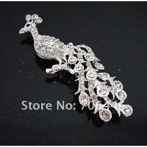 Sparkly Silver Plated Clear Rhinestone Crystal Diamante Peacock Party Pin Brooch