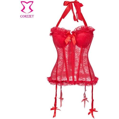 Red Transparent Floral Lace Halter Padded Bra Corset Bustier Lingerie Sexy Hot Erotic Underwear Plus Size Corsets And Bustiers