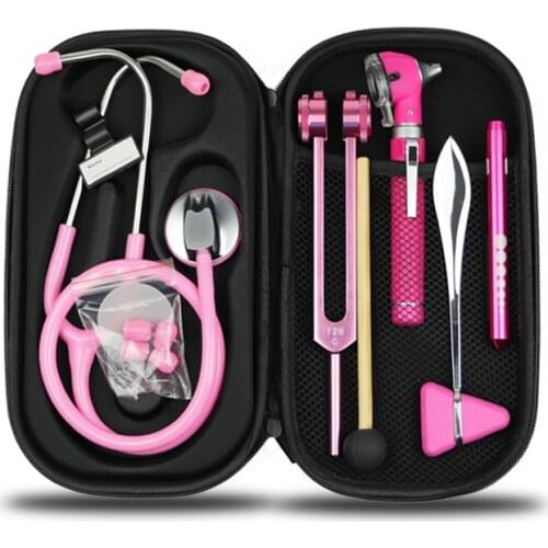 Medical Health Monitor Storage Case Pouch Kit Pink with Stethoscope Otoscope Tuning Fork Reflex Hammer LED Penlight Torch Tool