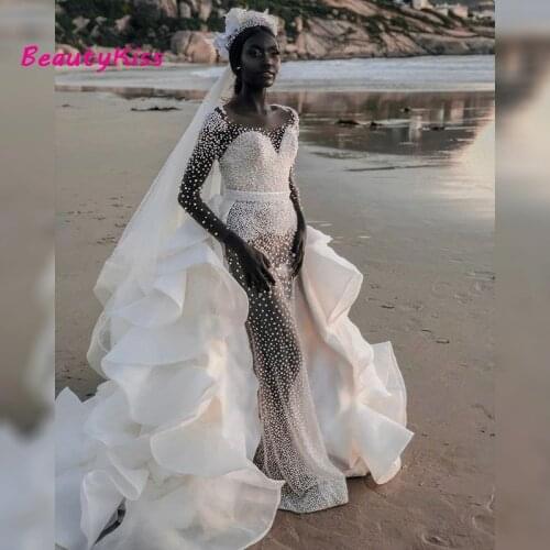 Illusion Mermaid Wedding Dress Luxury Full Pearls Long Bridal Dress With Detachable Train African Plus Size Custom Made Wedding