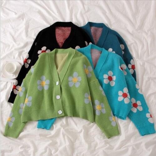 2020 New Preppy Style Flower Knitted Cardigans Sweater Loose V-neck Spring and Autumn Sweater Cardigan Blouse Short Coat