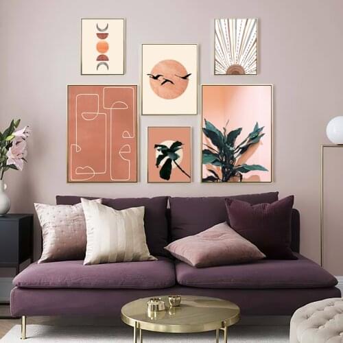 Sun Face Moon Plant Orange Wall Art Morandi Canvas Painting Nordic Posters And Prints Wall Pictures For Living Room Home Decor