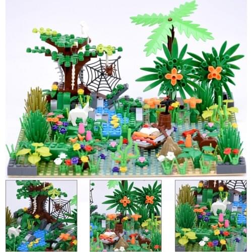 Oasis Jungle Shoal Scene Building Blocks Forest Animal Coconut Tree Fishing Boat Model Assembling Decoration Kids Bricks Toys