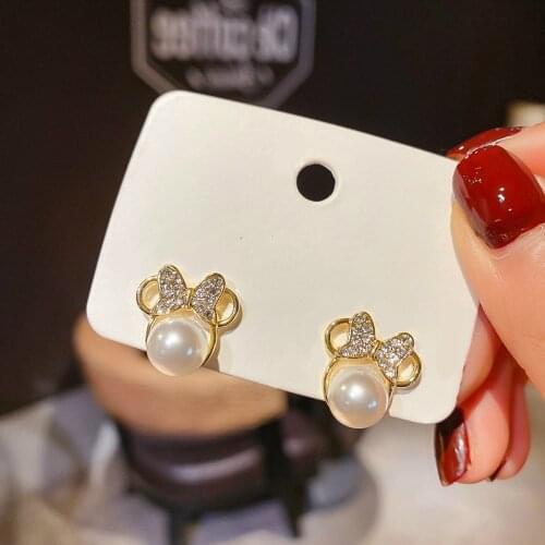 Korean Earrings Fashion Jewelry Rhinestone Sweet And Bow Simulation Pearl Stud Earrings Statement Earrings For Women Brincos