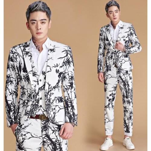 2020 new arrival slim singer men suit mens wedding suits Bamboo printing formal dress mens groom suit singer stage dance 5XL