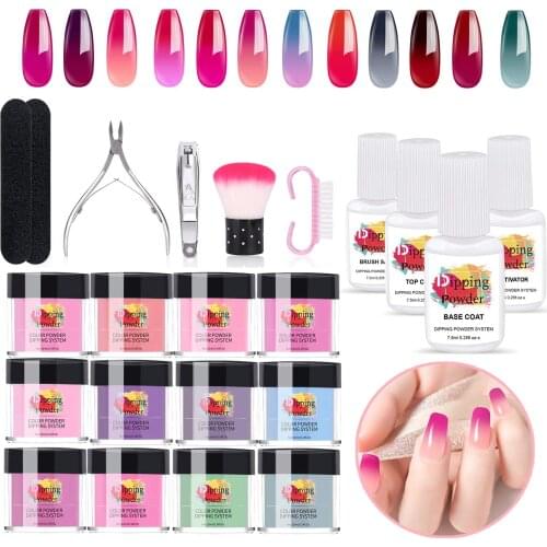 Temperature Change Dipping Powder Kit 12 Colors Acrylic Starter Kit for Nail Art No UV/LED Lamp Needed with Manicure tools