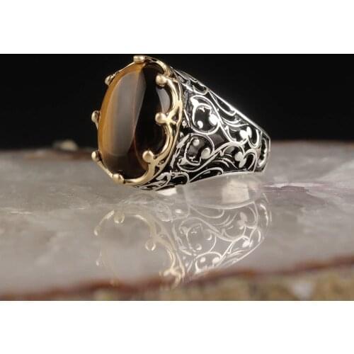 Natural Tigereye Stone 925 Silver Engraved Traditional Ring Handmade Turkish Signet Rings Rock Jewelry Gift for Women Men