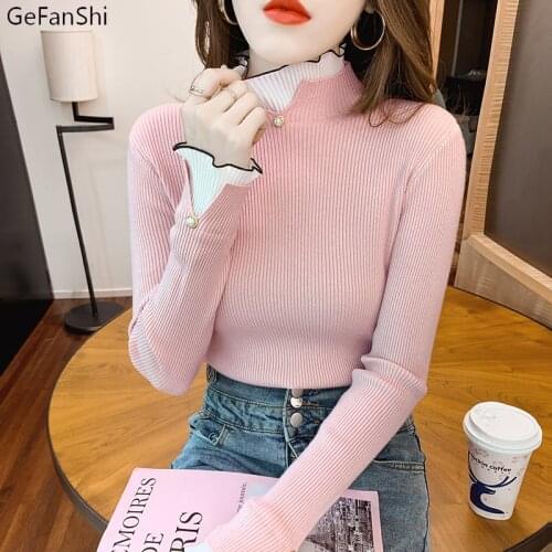 2021 Autumn Winter Fashion Sweaters Top Fashion Patchwork Pullovers Turtleneck Knitted Ladies Sweater Womens Casual Warm Top