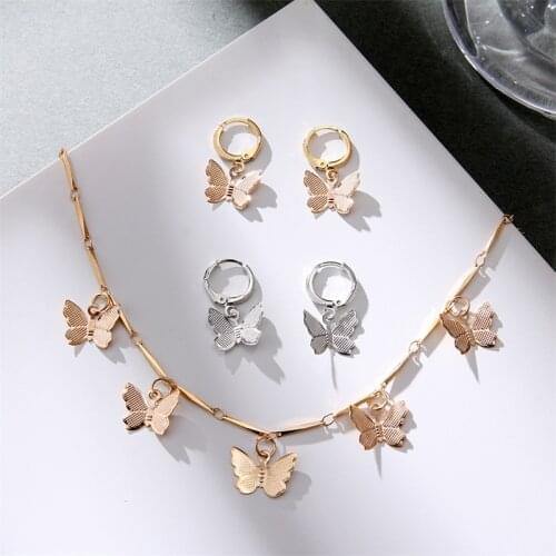 Butterfly Necklace Earrings Set For Women Adjustable Choker Collares Earrings Sweet Style Alloy Chain Jewelry Set