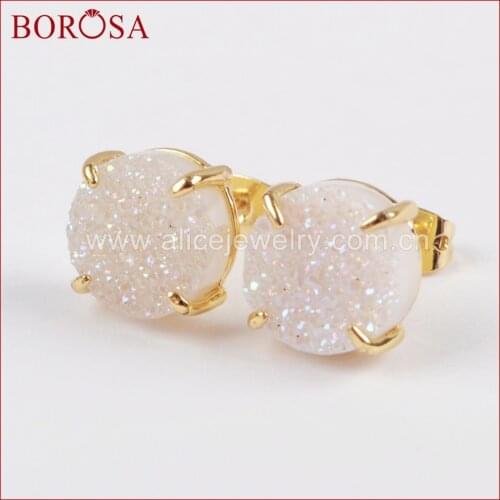 BOROSA New Arrival Gold Plated Rainbow Druzy Stud Earrings for Women, Fashion Gold Color Mixed Drusy Earring Jewelry ZG0250
