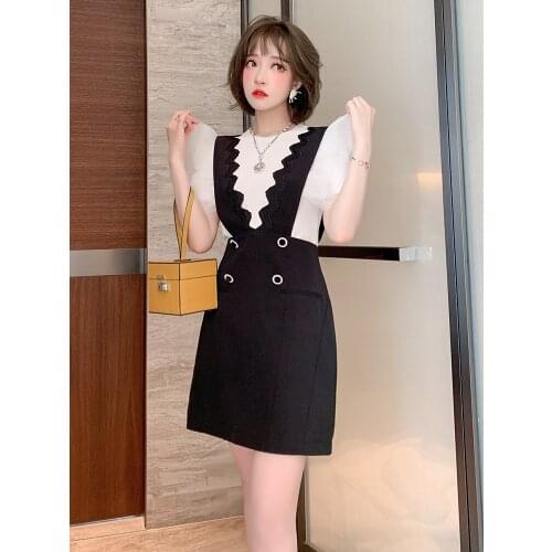 Top Quality Double breasted shoulder strap with wave lace embroidery A-Line Womens summer new