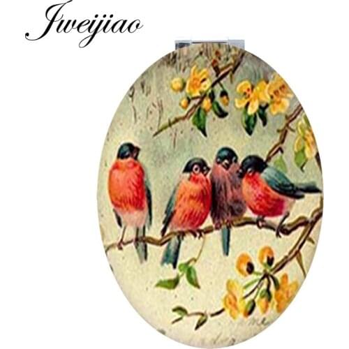 Youhaken colorful birds on the tree branch Mini Oval Portable mirror natural animal plant leather pocket mirror for girls BP01