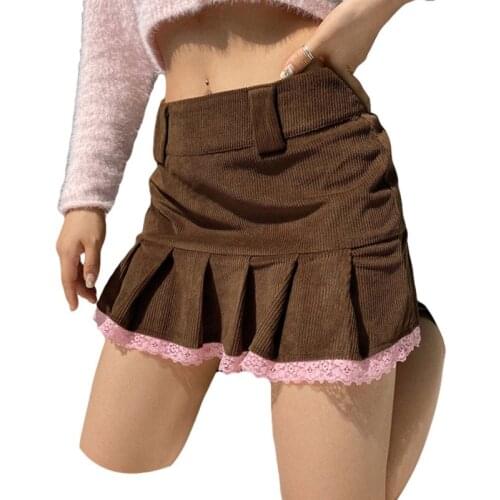 Women’s Vintage Corduroy Skirt Spring Autumn Fashion Flounce Stitching Lace Patchwork High-waist Pleated Short Skirt