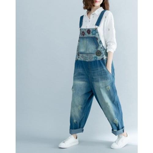 Women Scratched Bleached Ripped Holes Denim Jumpsuits Print Big Pocket Denim Overalls Striped Loose Rompers Jumpsuits 2018