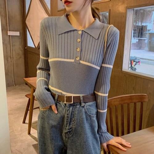 2021Spring Autumn Kint Striped Sweater Women Sweet Single-breasted Ladies Sweater Polo Collar Long Sleeve Top Knitted Pull Femme