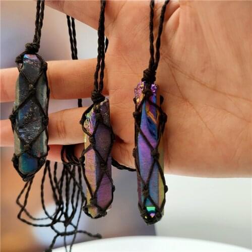1pcs Natural Raw Rainbow Stone Pendant Necklaces for Women Handmade Wire Wrapped Rope Pendant Necklace Drop Shipping