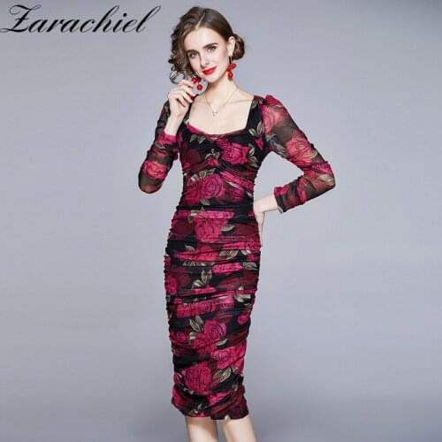 Elegant Double Layer Mesh Flower Midi Dress Women V Neck Floral Printed Draped Package Hip Sheath Stretchy Sexy Party Vestidos